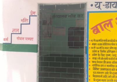 भारत, मिरजापुर, छानबे ब्लाक, थानीपट्टी गांव, प्राइमरी स्कूल, दीवार पर योग के सोपान परंपरा, पेंटिंग